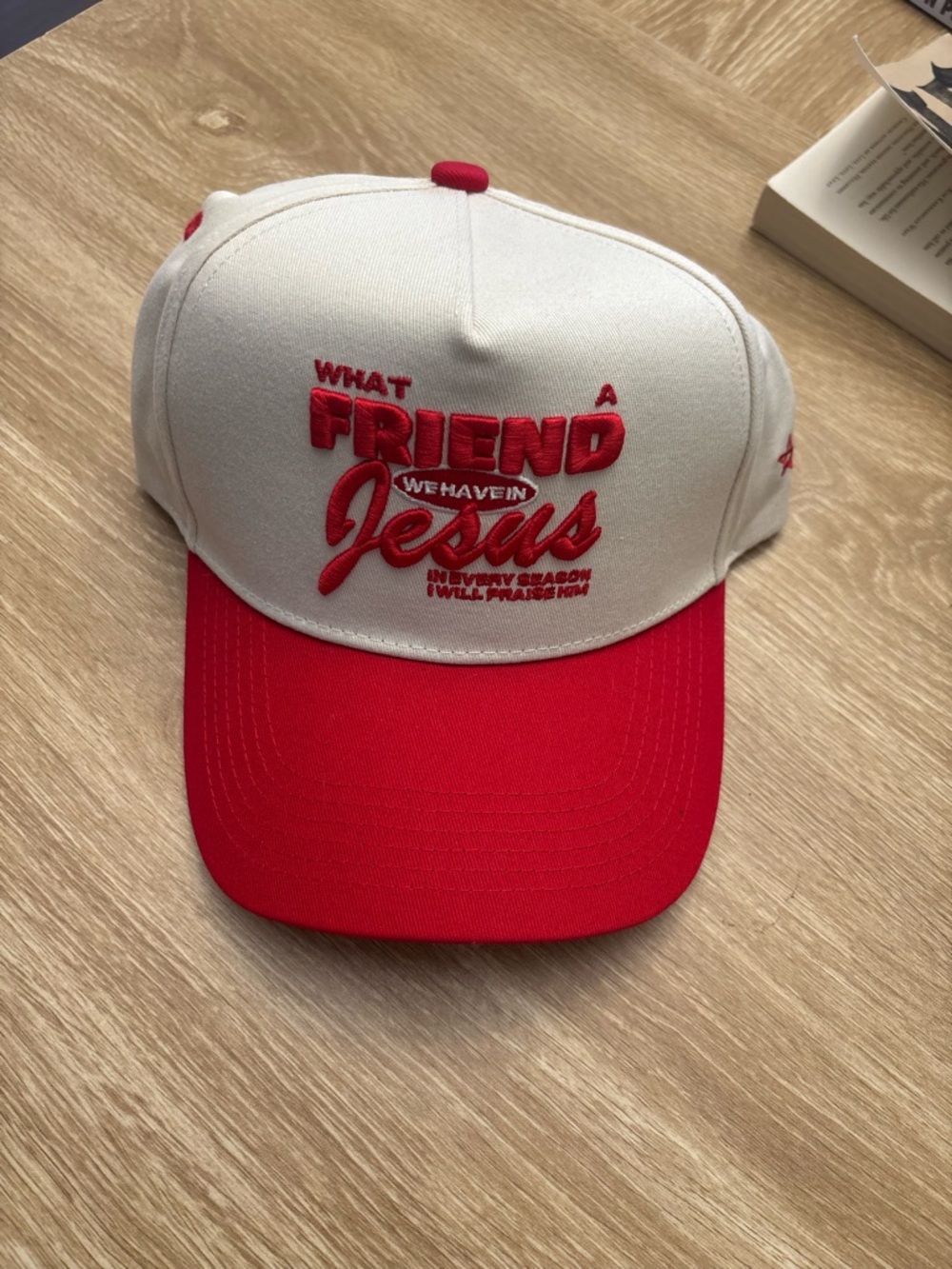 NWT Altar'd State White and Red Embroidered 'Friend Jesus' Trucker Hat